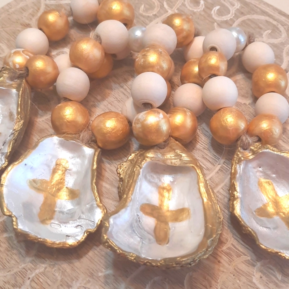 Prayer Beads With Oyster Shell Accent & Cross - Set Of 4 - Coastal Decor